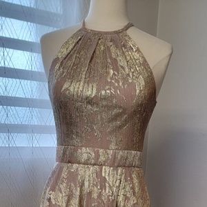 AQUA Foil knit halter gown
